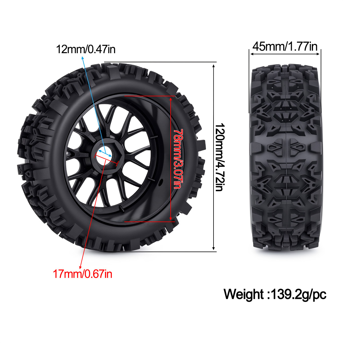120MMオフロードRCタイヤ 17mm六角ハブ 1/8 A - Rc Hobby Dump Truck のレビューと価格
